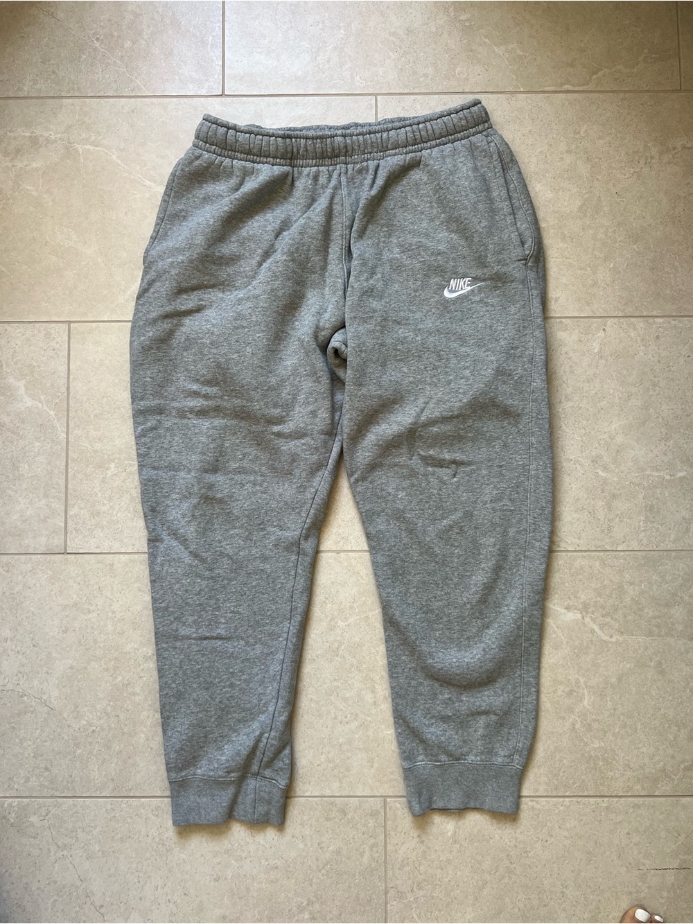Nike Men's Grey Fleece Joggers with White Swoosh Size Large